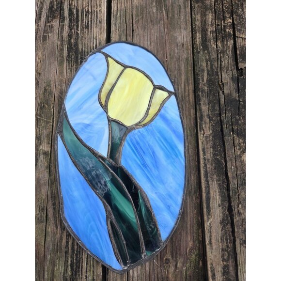 Leaded Floral Stained Glass Yellow Tulip Sun Catcher Flower 7.5" X 14" Hand Made - Picture 6 of 13